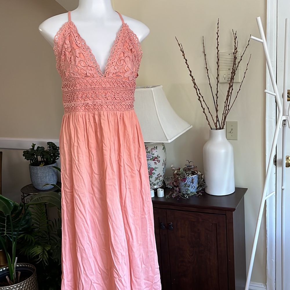 💖💃🏻Rebellion Again Summer Peach Crochet Strapped Long Dress- Women-L- NWT